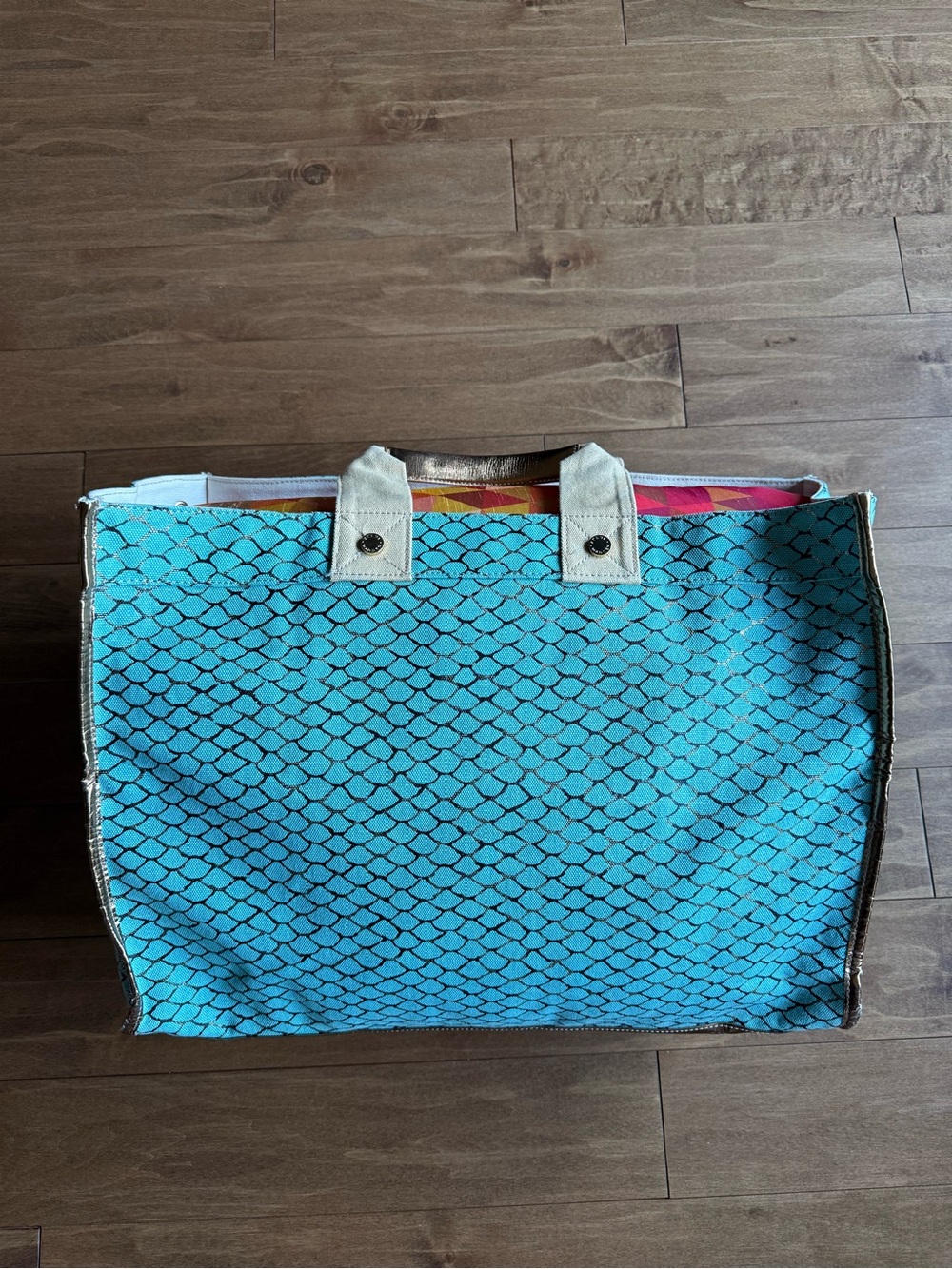 Steve Madden Turquoise & Gold Patterned Canvas Tote with Gold and Beige Handles